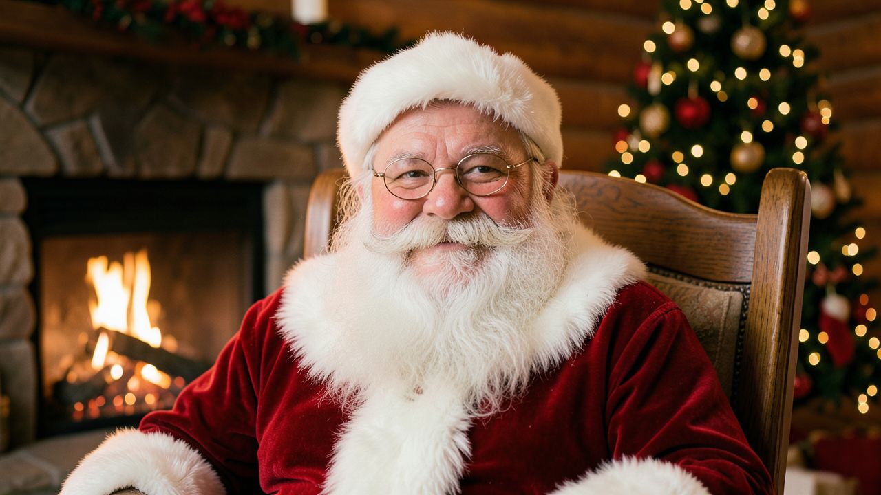 Santa smiling by the fire in his cosy cabin